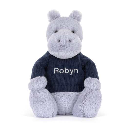 Bashful Hippo With Personalized Navy Jumper - US 2034