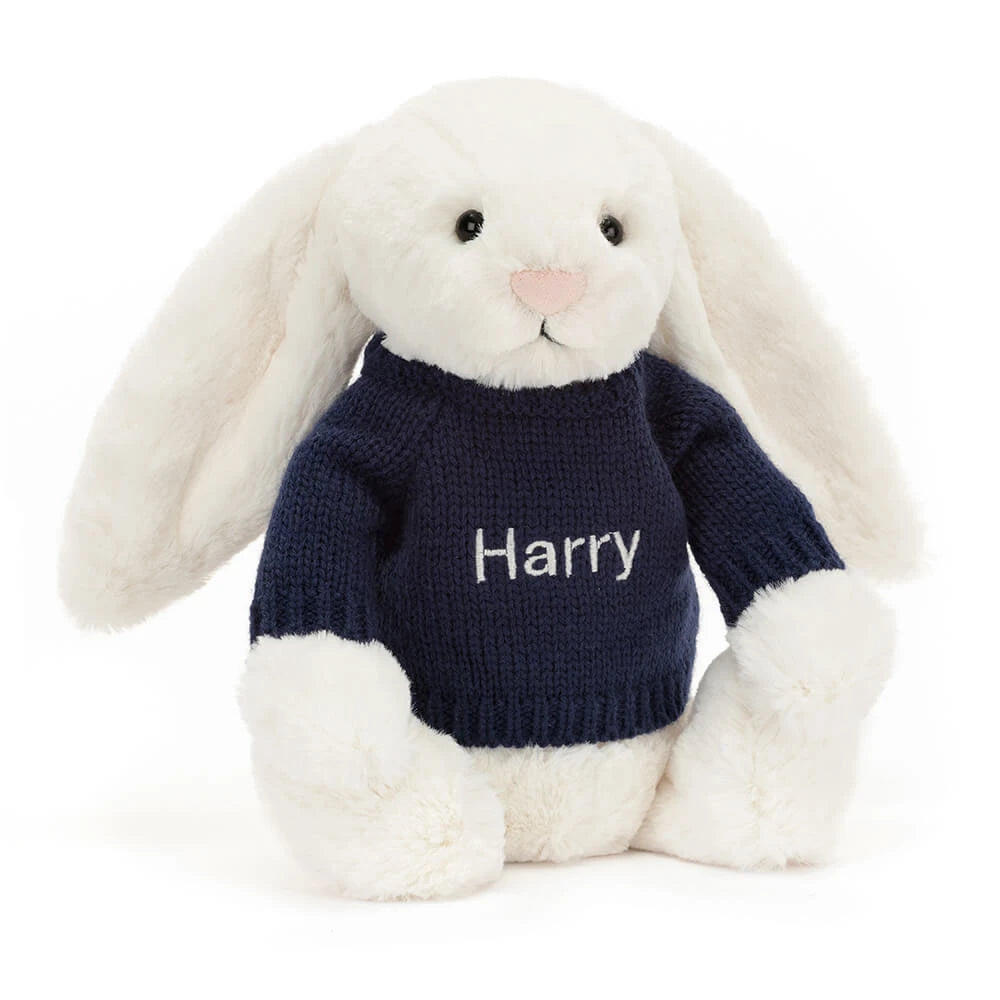 Bashful Cream Bunny With Personalized Navy Jumper - US 7556