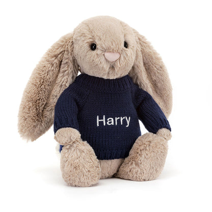 Bashful Beige Bunny With Personalized Navy Jumper - US 5138
