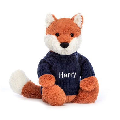 Bashful Fox Cub With Personalized Navy Jumper - US 8023