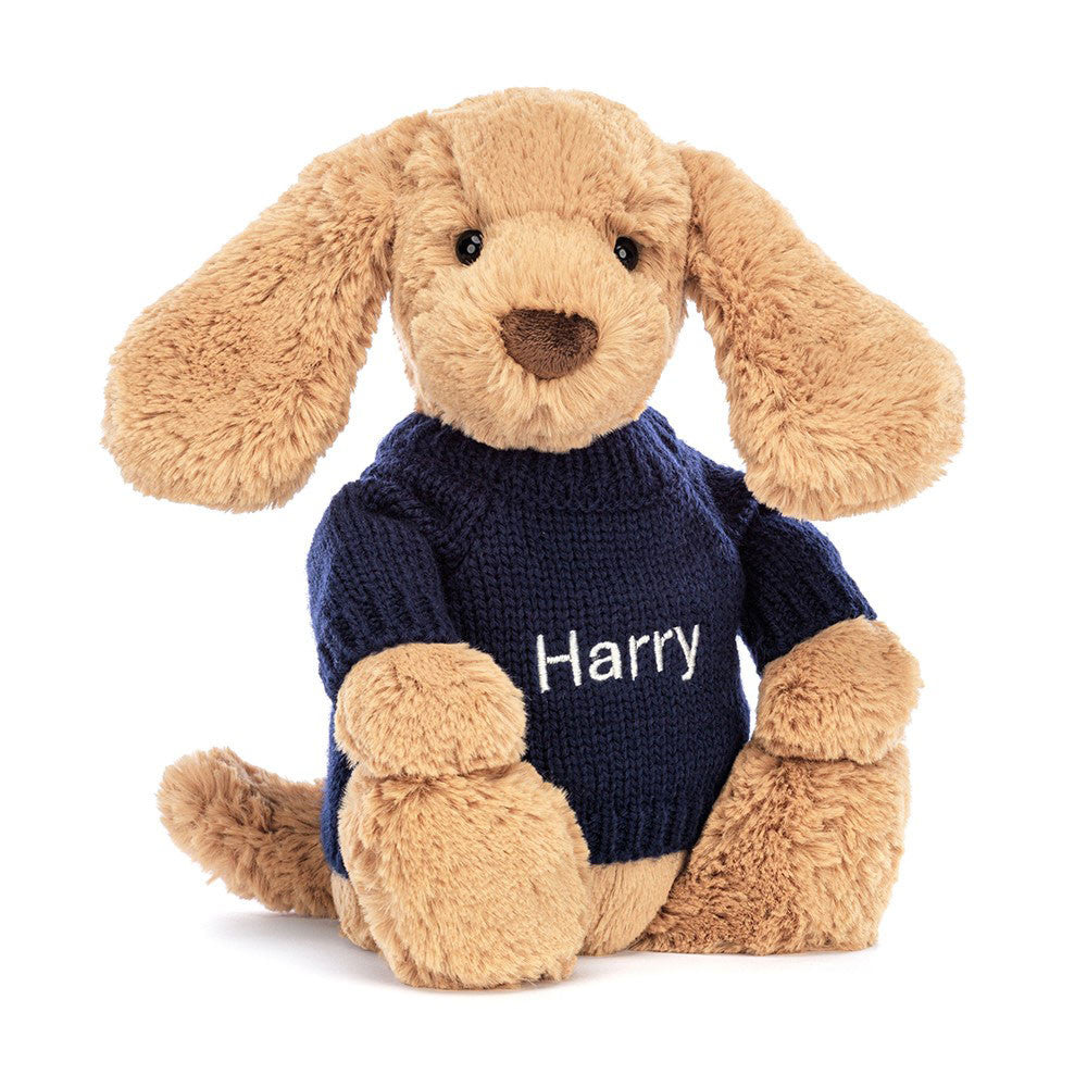 Bashful Toffee Puppy With Personalized Navy Jumper - US 5587