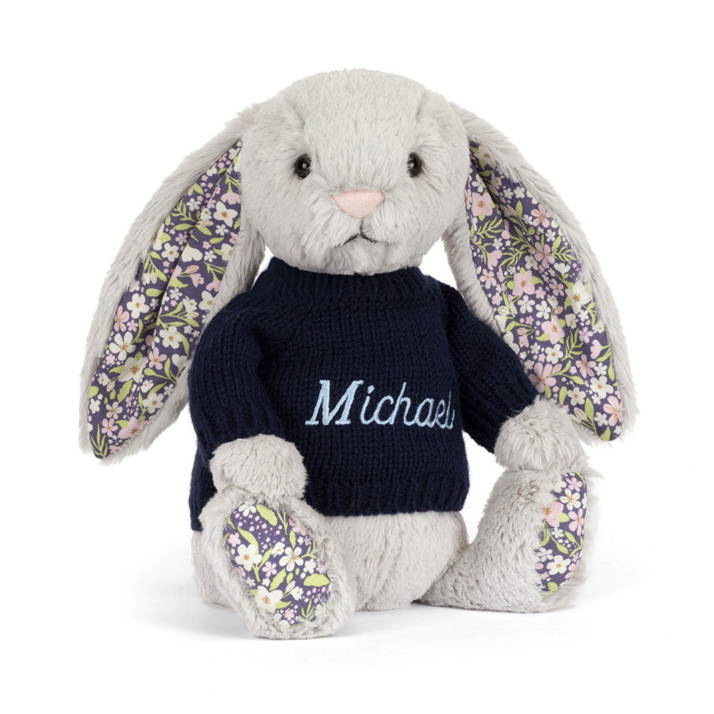 Blossom Silver Bunny 'Bloom' With Personalized Navy Jumper - US 1297