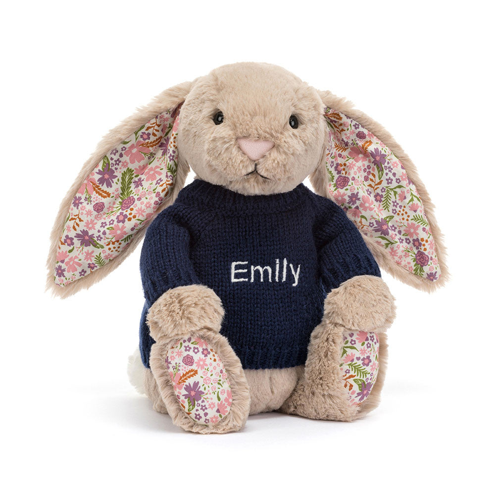 Blossom Beige Bunny 'Petal' With Personalized Navy Jumper - US 1844