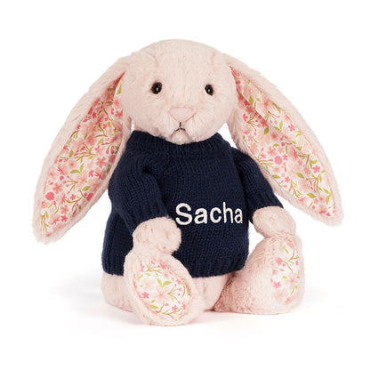 Blossom Blush Bunny 'Cherry' With Personalized Navy Jumper - US 7435