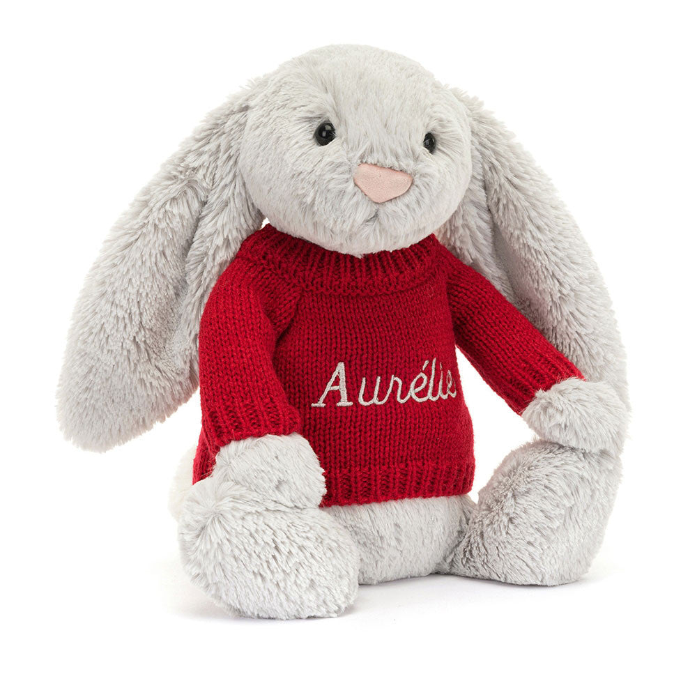 Bashful Silver Bunny With Personalized Red Jumper - US 5402
