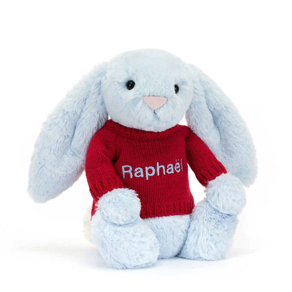 Bashful Blue Bunny With Personalized Red Jumper - US 4577
