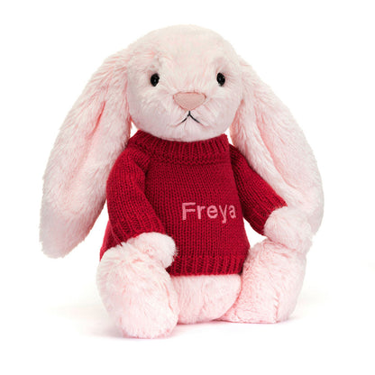 Bashful Pink Bunny With Personalized Red Jumper - US 4532